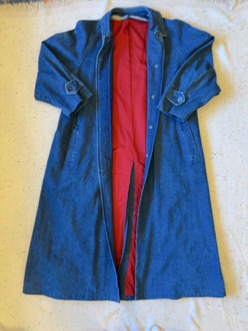 Vintage Denim Duster Maxi Coat Blue Jean Trench Longline Red Lined